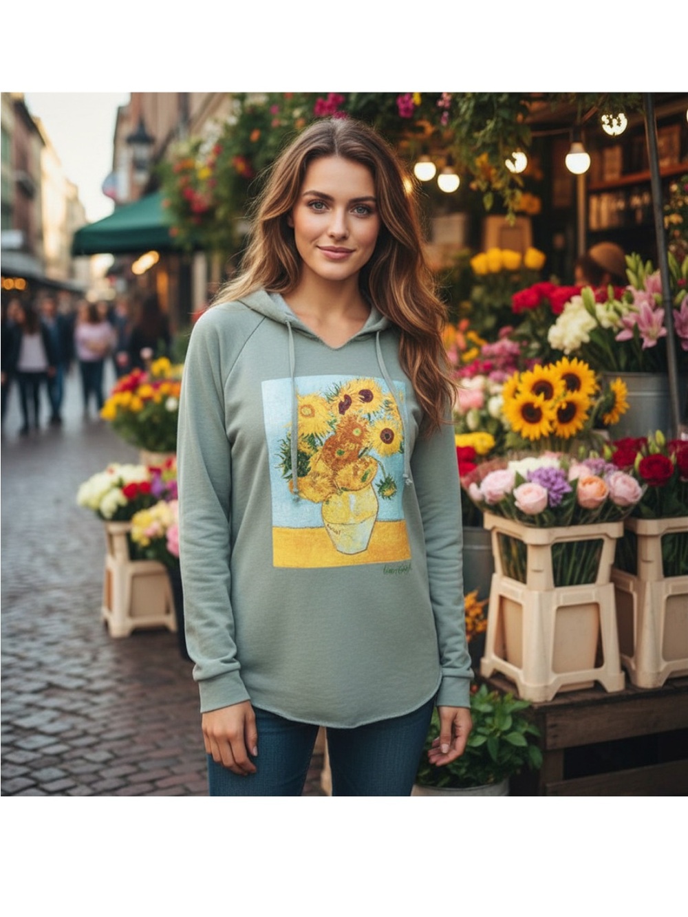 Women’s Sage Green Hoodie with Vincent van Gogh's Sunflowers painting